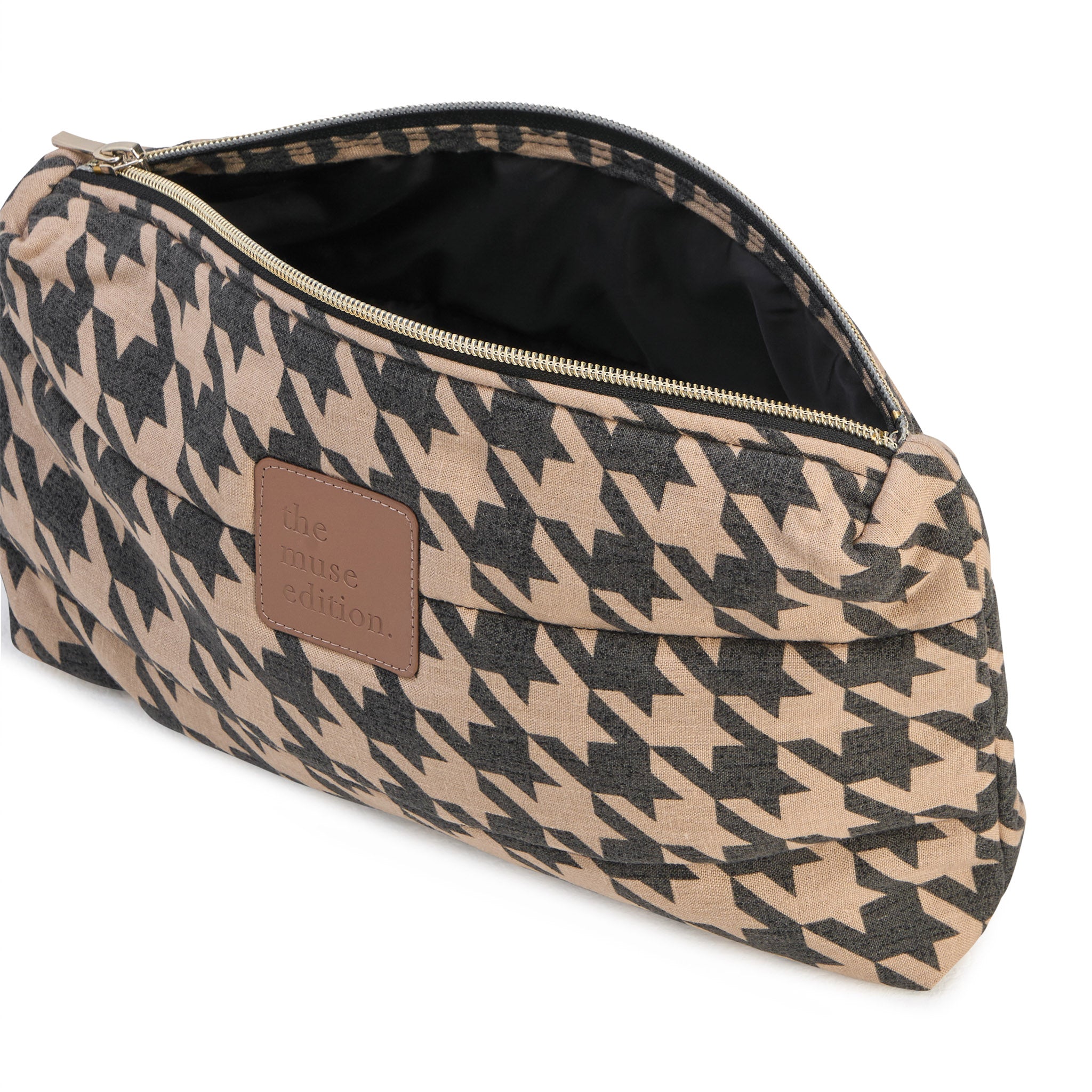 Black Houndstooth Linen Pouch