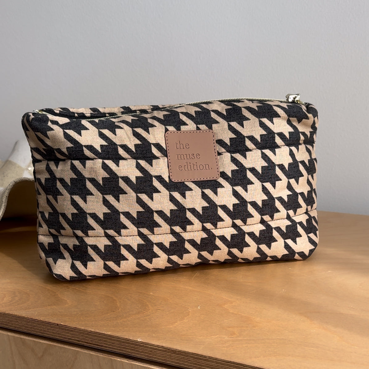 Black Houndstooth Linen Pouch